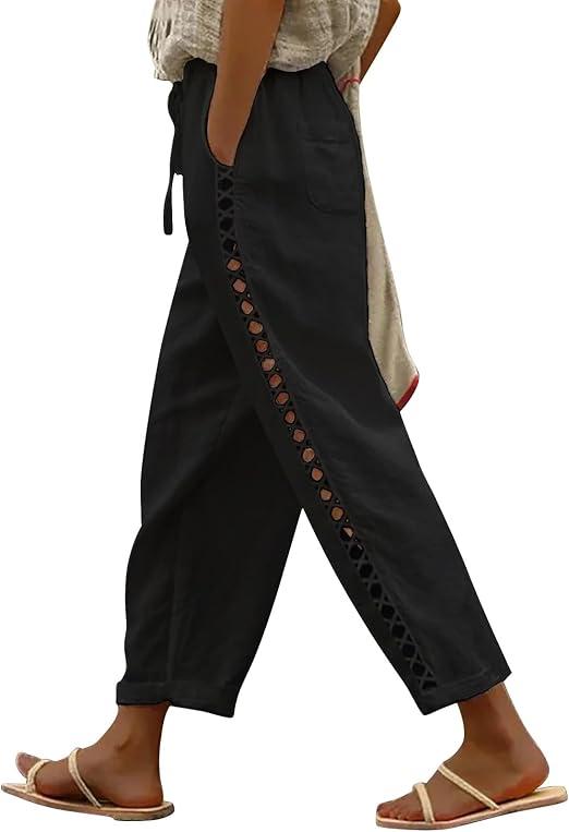 Puimentiua Women's Linen Capri Pants with Drawstring Petite Summer Beachwear Lightweight Elastic Waist Pants (Black,Medium)