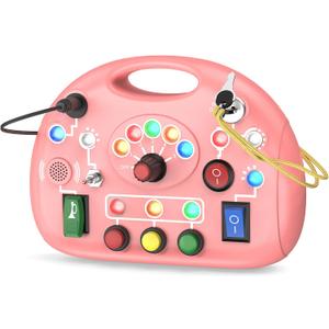 Montessori Busy Board with LED Light for Toddlers 2-4 Year Old, Sensory Toys with Sounds & Switches, Car Driving Travel Toys for Kids, Preschool Busy Book Boy and Girls Birthday Gifts (Pink)