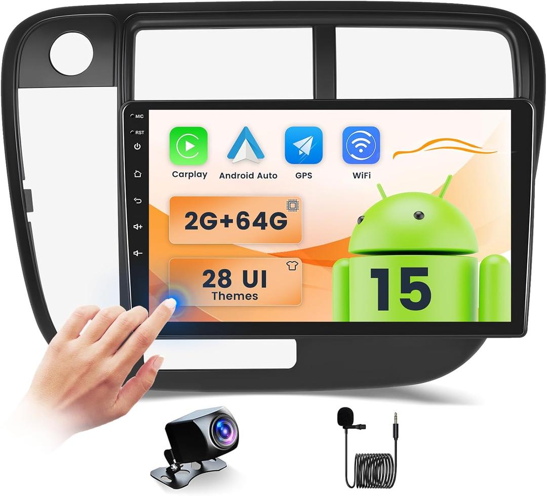Fuluku2+64G Android 15 Radio for Honda Civic 1996-2001 with Wireless Carplay Android Auto, 9" Touch Screen Stereo GPS WiFi Bluetooth SWC FM RDS Mic Backup Camera