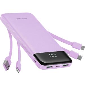 Portable Charger with Built in Cables, Portable Charger with Cords Wires Slim 10000mAh Travel Essentials Battery Pack 6 Outputs 3A High Speed Power Bank for iPhone Samsung Pixel LG Moto iPad (Purple)