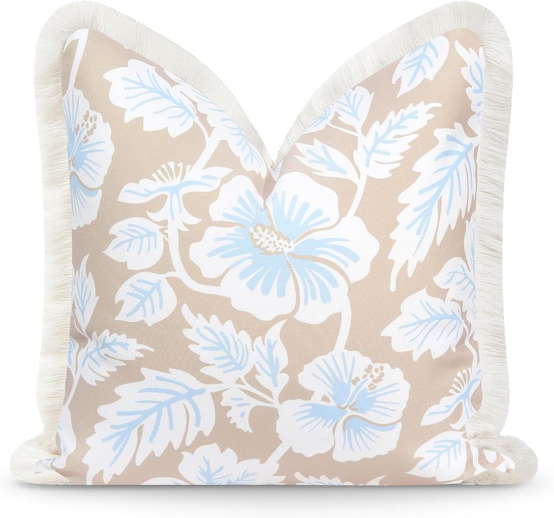 Hofdeco Premium Coastal Patio Indoor Outdoor Throw Pillow Cover Only, 20"x20" Water Repellent for Backyard, Couch, Tan Baby Blue Print Tropical Hisbucs Flowers