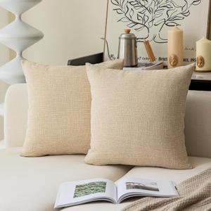 Kevin Textile Farmhouse Faux Linen Decorative Throw Pillow Case Cushion Cover Pillowcase for Sofa 20 x 20 Inch/50cm x 50cm, Set of 2, Cream Beige