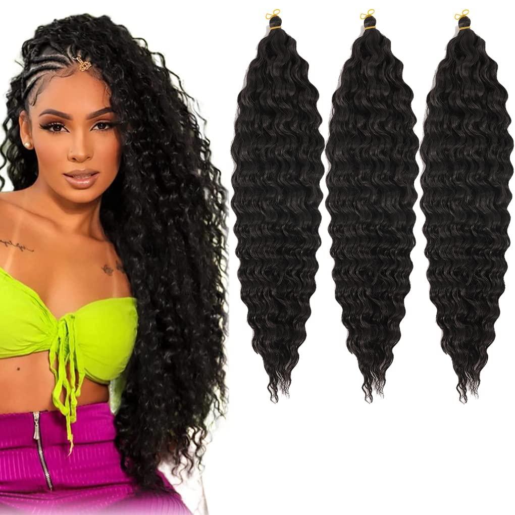 24inch Ocean Wave Braiding Hair Extensions 3packs Long Deep Curly Wave Braid Hair Synthetic Twist Ripple Crochet Curly Braids Hair for Women 100g/pack(24",Natural black)
