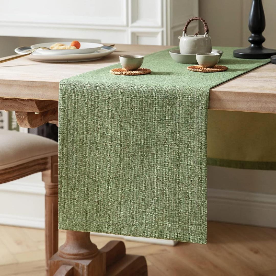 ZeeMart Burlap Style Farmhouse Table Runners 90 Inches Long, Green Rustic Woven Dining Table Runner for Everyday Use, 14x90 Inches, Grass Green
