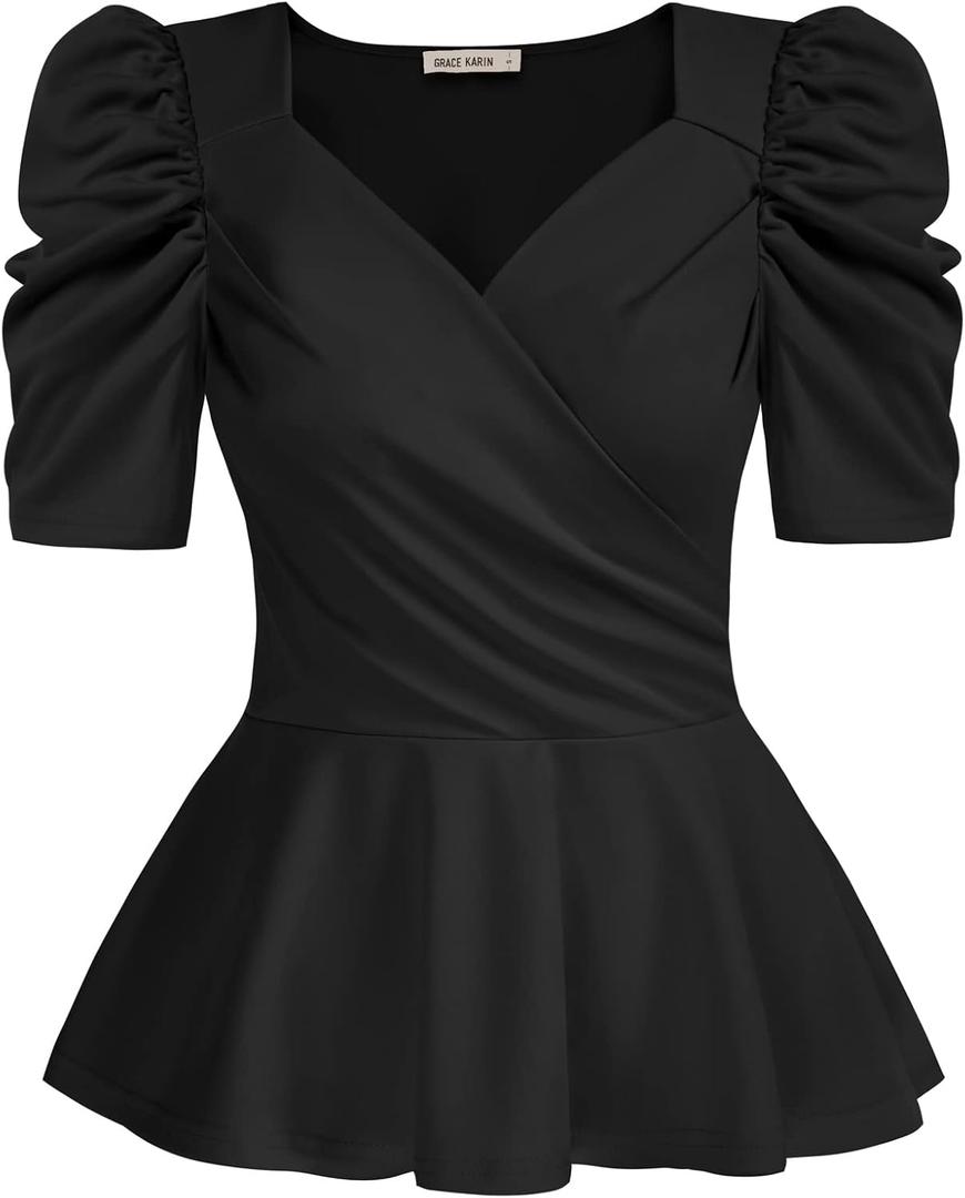 GRACE KARIN 2025 Womens Tops Elegant Peplum Top Wrap V Neck Puff Short Sleeve Summer Tops Blouse (X-Large, Black)