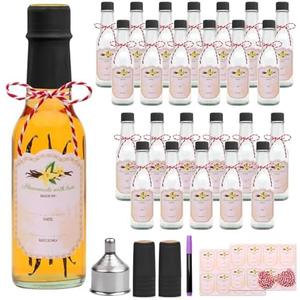 Encheng 5oz Clear Woozy Bottles with Shrink Capsules,Small Bottles With Shirnk Bands Glass Hot Sauce Bottles,Empty Small Beverage/Canning Bottles With Black Caps Set of 25