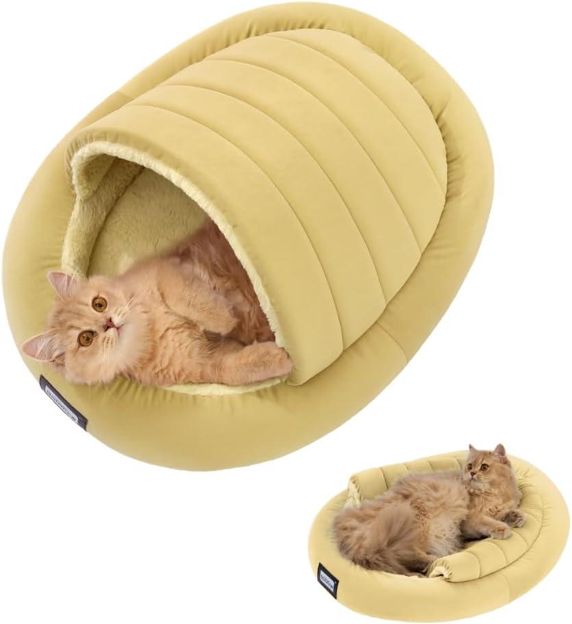 Balance 2 in 1 Cat Bed Cave for Kittens and Small Dogs, Cat Tents for Indoor Cats, Covered Cat Beds with Removable Cushion, Calming Cat Nest, Cat Hideaway, Washable Cat House with Non-Slip Bottom (25.0"D x 20.0"W x 12"Th, Yellow)
