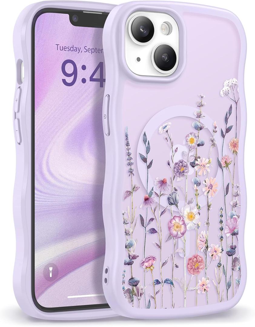 GVIEWIN Cute for iPhone 14 Case & iPhone 13 Case [Compatible with MagSafe] [Curly Wave Edge] Floral Translucent Magnetic Shockproof Protective Phone Cover for iPhone 14/13 6.1'', Floratopia/Colorful