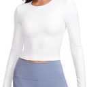 CRZ YOGA Butterluxe Scoop Neck Long Sleeve Shirts for Women - Workout Athletic Casual Tops Crop Slim Basic Tight Shirt (White) X-Small