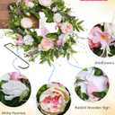 Spring Door Wreath for Front Door with Hook 20-22, Artificial Spring Door Wreath with White & Pink Peony Lavender Rabbit Wood Sign, Summer Wreaths for Windows Wall Romantic Home Dco
