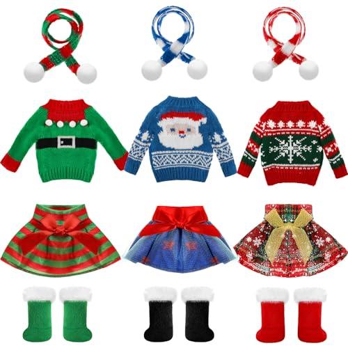 12 Pcs Christmas Doll Accessories Clothes Christmas Doill Costume Mini Outfit Include Knitted Sweater Skirt Scarf Snow Boots for Xmas Decor (Exquisite)
