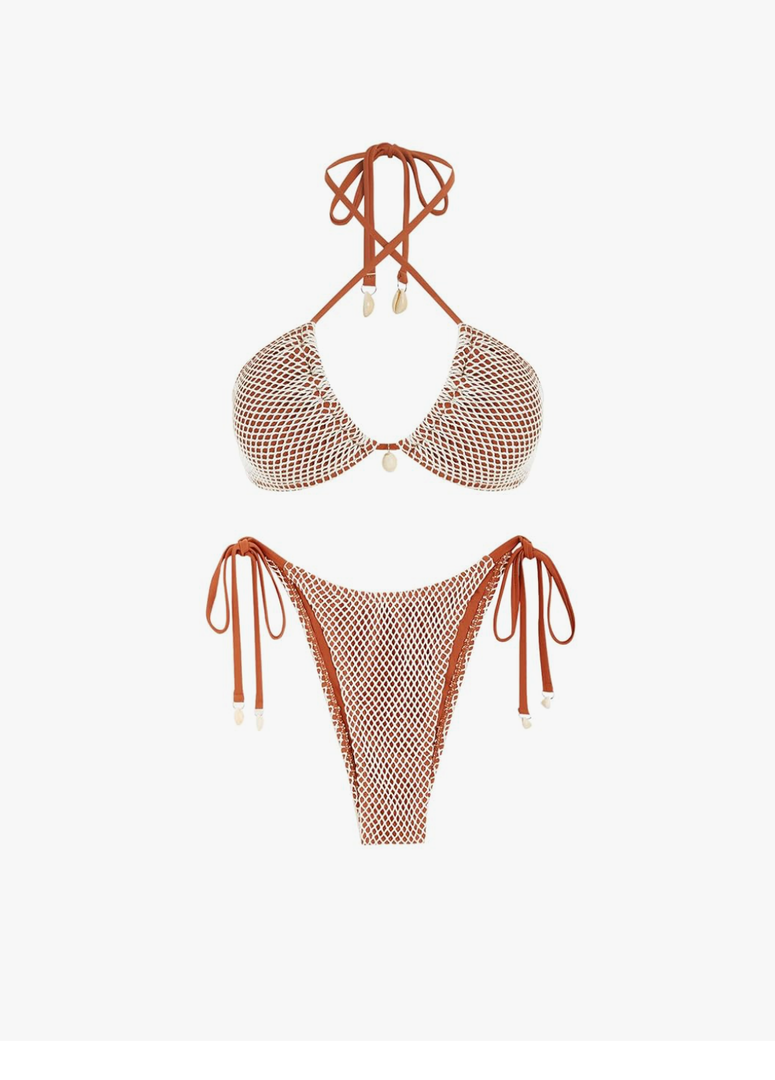 ZAFUL Women's Bikini Set Fishnet Triangle Tie Convertible Collar Halter Bandeau Shell Two Piece Bathing Suit, Size Smal