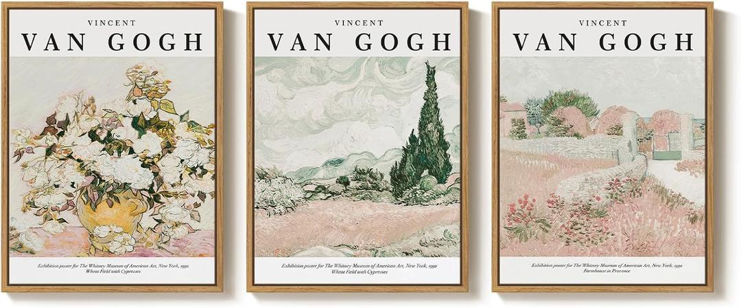 Framed Van Gogh Wall Art Set of 3, Neutral Beige and Soft Pink Canvas Prints, Vintage Landscape and Floral Paintings for Living Room Bedroom Dining Room Entryway Decor, 12x16 Inch
