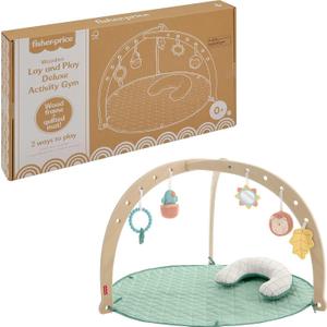 Fisher-Price Wood Baby Playmat Lay & Play Deluxe Activity Gym with Wooden Frame & Tummy Time Sensory Toys for Newborns 0+ Months, 1-pack