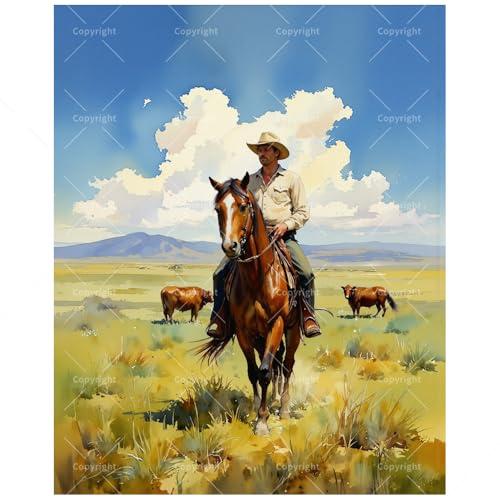 Western Paint by Numbers Kit for Adults - DIY Cowboy Riding Horse on Prairie Painting on Canvas, Acrylic Paint Set, Suitable for Beginners, Rustic Art for Home Decoration or Gifts(16X20IN Framed)
