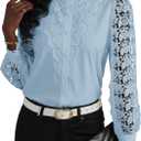 Rooscier Women's Lace Elegant Dressy Blouse Mock Neck Long Sleeve Button Down Work Business Crochet Shirt Top (Brown)