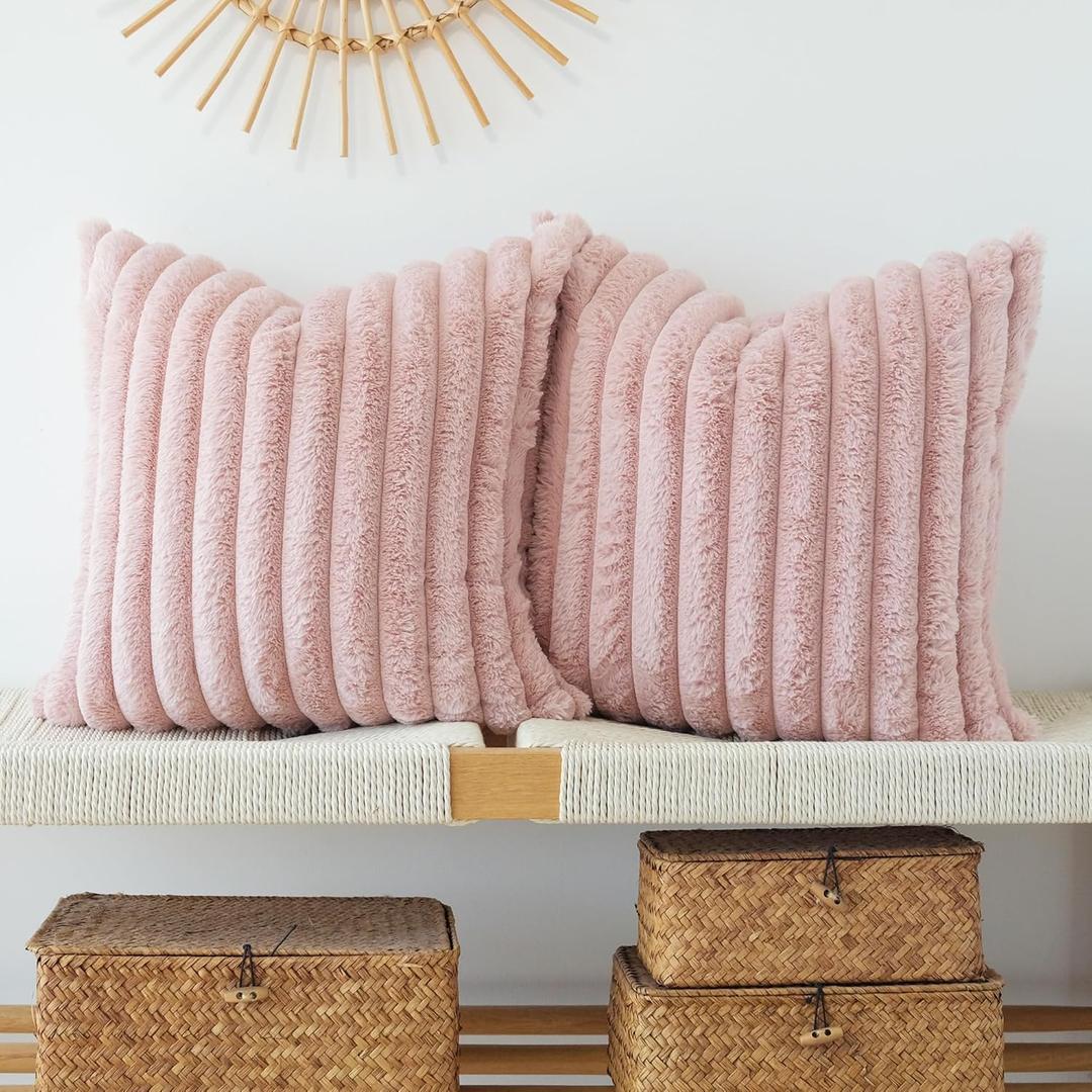 JOJUSIS Pack of 2 Faux Fur Plush Decorative Throw Pillow Covers Couch Cushion Case Soft Pillowcases (Pink, 22 x 22-Inch)