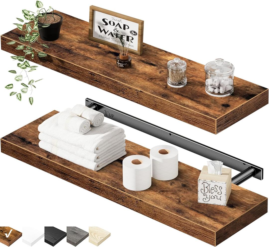 QEEIG Floating Shelves for Wall 23.6" Long - Wall Mounted Shelf Bathroom Kitchen Living Room Bedroom Farmhouse Home Decor Display Bookshelf Large 23.6 x 9.3 inch Set of 2, Rustic Brown (008-60BN)