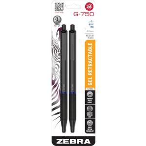 Zebra Pen G-750 Retractable Gel Pen 2-Pack, Blue Ink, 0.7mm Medium Point, Black Brass Barrel, Textured Grip, Secure Metal Clip, Ideal for Office Supplies and Teacher Gifts, Refillable (49822)
