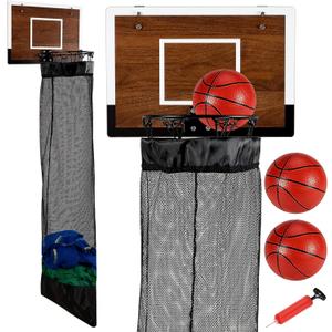 Over the Door Basketball Hamper,Wooden Hanging Basketball Hoop Laundry Basket with Zipper,3 Balls and Pump for Kids Room,Dorm Rooms,Bathroom,Saving Space Storage and Organization(Walnut)
