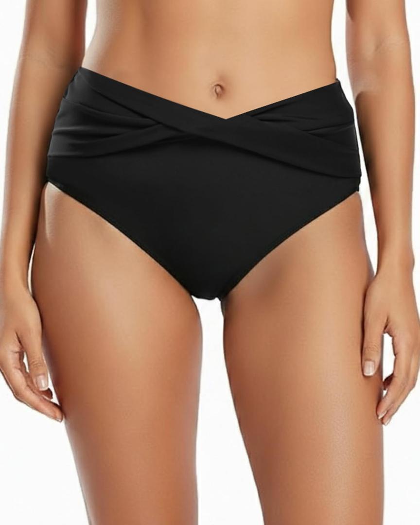Women Full Coverage Bikini Bottom - V Cut Bathing Suit Bottoms Mid Waist Twist Front Swimsuit Bottom Swimwear 2025 (Medium, Black)