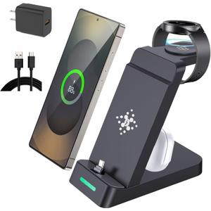 3 in 1 Fast Charging Station for Samsung Galaxy Phones Watch Earbuds Charger, Fast Android Charger Stand Dock for Samsung Galaxy S25/S24/S23/S22/21/20/Note20/10 Galaxy Watch Ultra 8/7/6/5/4 (Black)