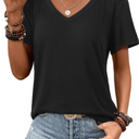 ATHMILE Womens V Neck Short Sleeve Summer T Shirts Curved Hem Plain Top Beach, Size M