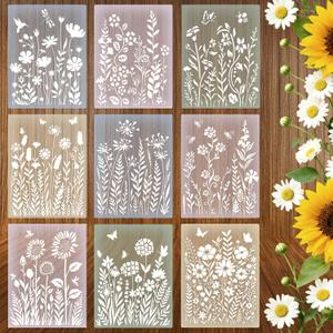 9 Pcs Large Wildflower Wall Stencils for Painting 11x14.5 Inch Large Flower Stencils for Painting on Walls Wood Reusable Plastic Floral Stencil for DIY Furniture Wall Home Craft Art