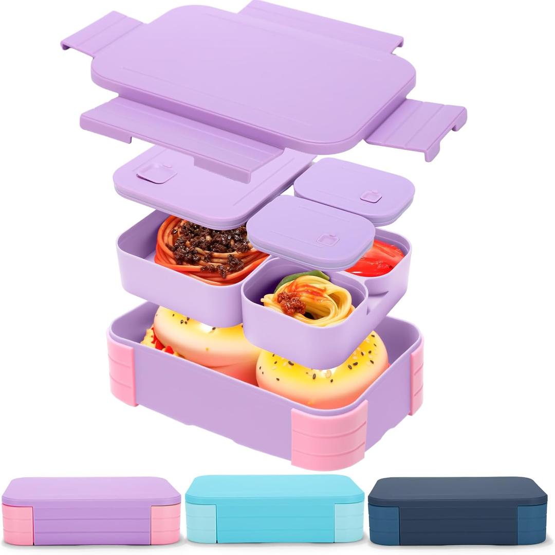 Vesici 3 Pack Bento Box, Bpa-free, 3 Compartment Leak Proof Lunch Snack Box with Lids Meal Prep Food Storage Container for Fridge Microwave Safe Work(Deep Sea Blue, Lake Blue, Purple)