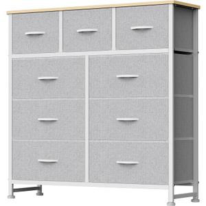 DUMOS 9 Drawer Dresser for Bedroom, Fabric Storage Organizer with Sturdy Metal Frame, Wooden Top Chest of Drawers for Closet Entryway Guest Room,Light Grey