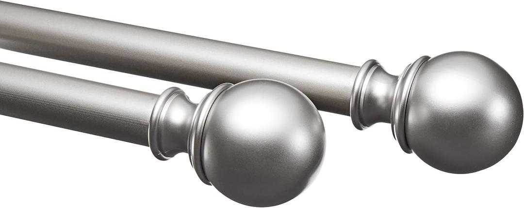 Amazon Basics Adjustable Heavy Duty Curtain Rod for Windows, Round Finials, 1-Inch Rod, 72" to 144", Nickel, 1-Pack