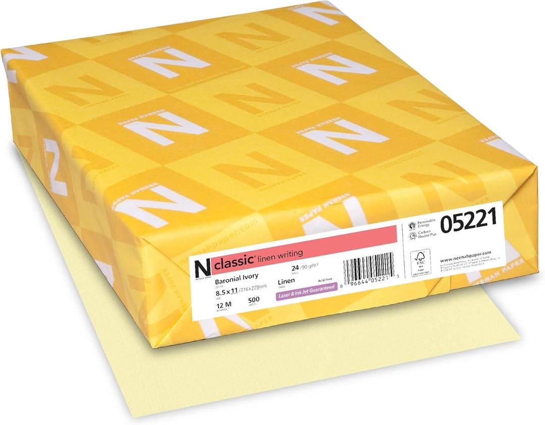 Neenah Paper Classic Linen Stationery, 24 lb Bond Weight, 8.5 x 11, Baronial Ivory, 500/Ream