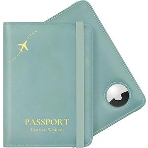 Stouchi AirTag Passport Holder, Cute Passport Holder with Airtag Slot, RFID Passport Wallet Cover for Women, Family Leather Passport Protector Case, AntiLost Travel Essentials, Sky Blue