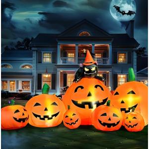 Joiedomi 7 FT Long Halloween Inflatables Pumpkin Outdoor Decorations, 7 Pumpkins Outside Decoration with Witch's Cat with Build-in LEDs Blow Up Inflatables for Party Yard Lawn Garden Decor