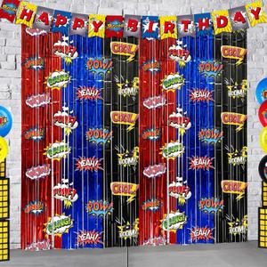 Hero Birthday Party Backdrops Decorations, 2 Pcs Red Blue Black Tinsel Foil Fringe Curtain Streamers Photo Booth Background for Hero Themed Party Decorations Supplies