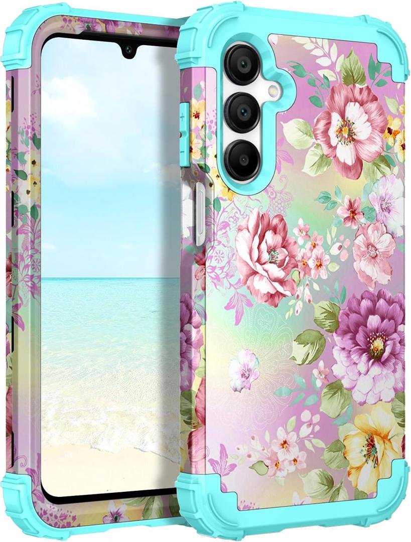 Hocase for Galaxy A16 5G Case, Heavy Duty Shockproof Protection Soft Silicone Rubber Bumper+Hard Plastic Hybrid Protective Case for Samsung Galaxy A16 5G (6.7"") 2025 - Purple/Pink Flowers