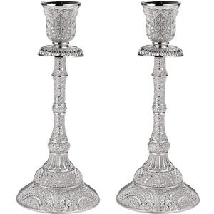 OwnMy Set of 2 Taper Candle Holders Vintage Metal Pillar Candlestick Holders 7.4, Elegant Brass Candle Stick Holders Decor Candelabra Set for Dining Table Centerpieces Wedding Home Decoration, Silver