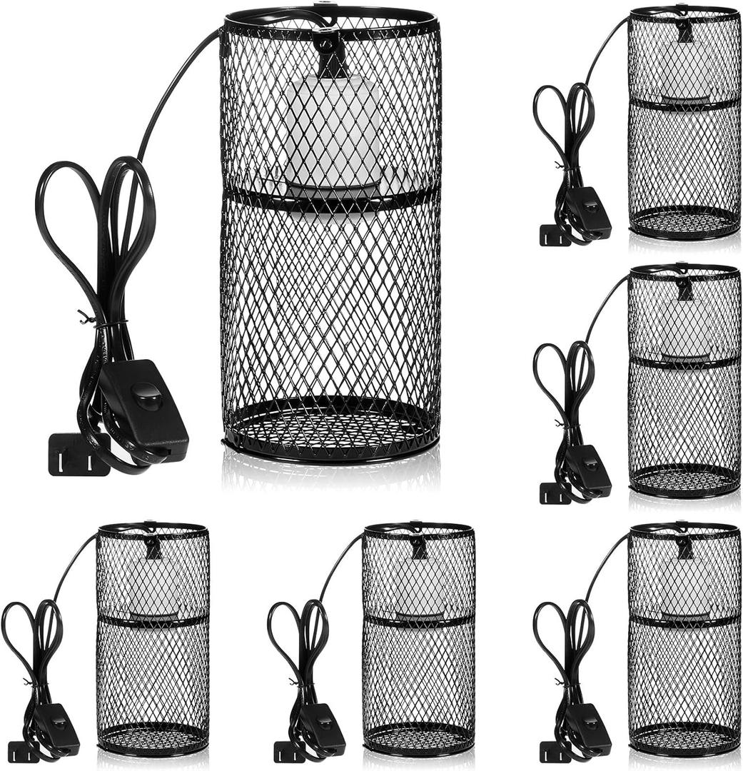 VIHOSE 6 Pcs Reptile Heat Lamp Guard with 150W Ceramic Heat Emitter Basking Anti Scald Heating Lamp Holder Mesh Cage Reptile Protection Lampshades for Lizard Snake Chick, Bulb Not Included