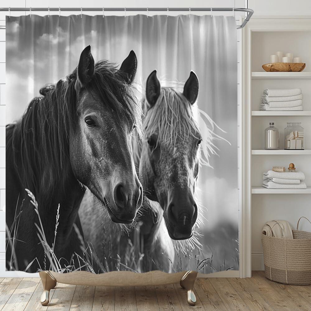 Horse Shower Curtain Rustic Farmhouse Animals Country Western Fabric Bathroom Decor Set with Hooks,(70" WX70 H) (Gray Black)