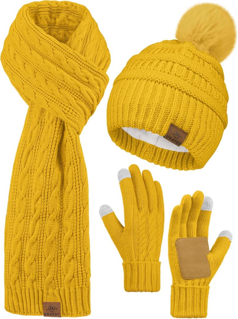 URATOT Women Winter Beanie Hat Scarf Gloves 3 in 1 Set for Women Fleece Lined Beanie Pompom Hat Touchscreen Gloves Long Scarf (Yellow)