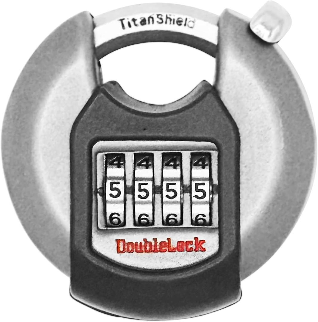 DoubleLock Crab Discus Combination Lock, Hardened Steel Round Padlock, Weather Resistant Resettable Combo Lock for Trailer, Gate, Storage Unit and Locker, 0.37 Inch Shackle, Strong Rated