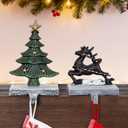 INNO STAGE Christmas Stocking Holders for Mantle Set of 2, Heavy Duty Cast lron Stocking Holder with Non-Slip Base, Xmas Tree Reindeer Stocking Hooks, Stocking Hangers for Fireplace Shelf Table Decor