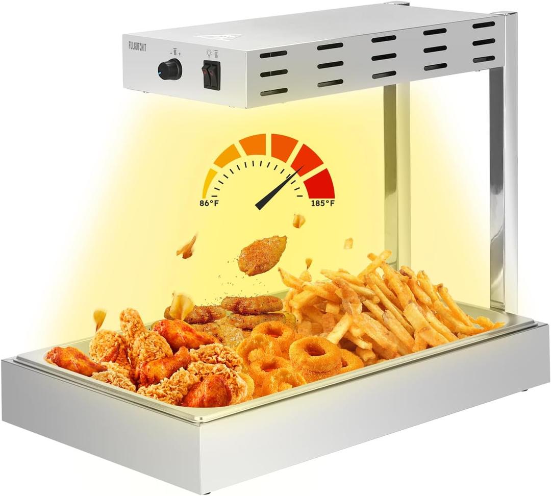 French Fry Warmer, Commercial Heat Light Food Warmer Thermostable Food Heating Lamp for Chips, Stainless Steel Free-Standing Infrared Heating Dump Station