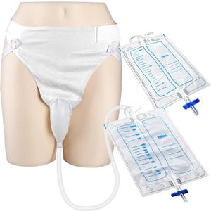 Wearable Urinal Collector with Reusable Silicone Urine Catheter Bag (2000ml & 1000ml), Portable External Catheter Urine Bag for Men White