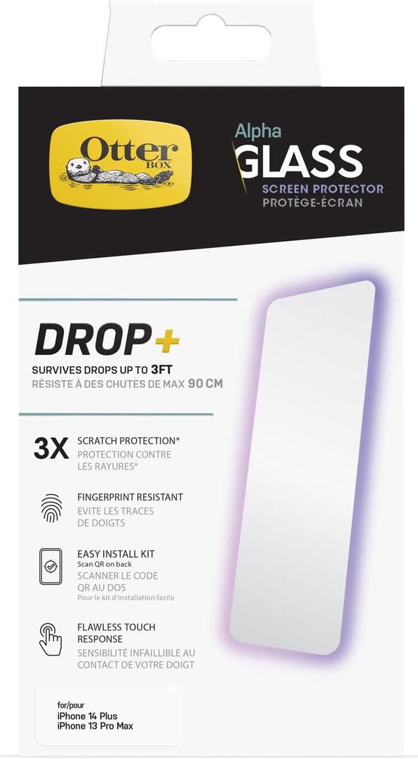 OtterBox ALPHA GLASS SERIES ANTIMICROBIAL Screen Protector for iPhone 14 Plus, Flawless Touch Response, Fingerprint Resistant, Precision Fit, Vibrant Clarity