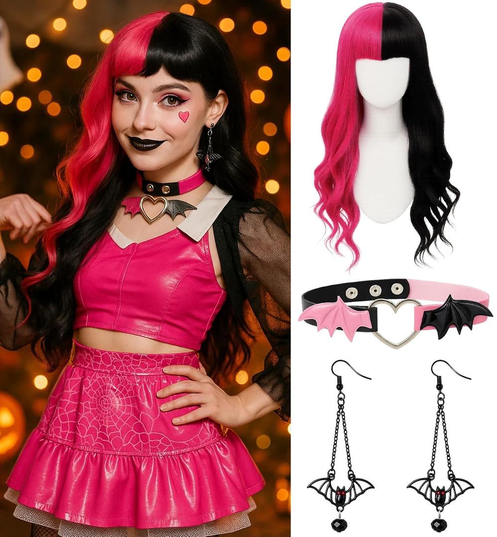 Swooflia Pink Black Wavy Wig for Women & Cosplay Accessories - Convenient Set Includes Adjustable Wig Cap, Choker, Earrings, Cosplay Wig for Halloween, Costume, Party and Daily Use (Wig-19)