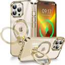 [CD Metal Ring & Invisible 360 Spin Stand] Magnetic Case for iPhone 13 Pro Max [Electroplated Shockproof Bumper ] [Compatible with Mag Safe] Cover with Stand for Women Men Slim Clear - Gold