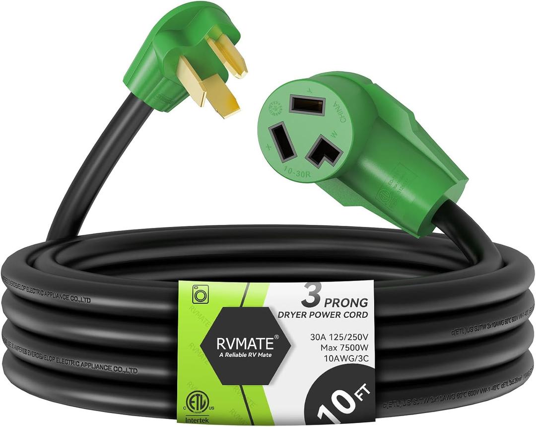 RVMATE 3 Prong Dryer Extension Cord 10 Feet, 30 Amp NEMA 10-30P to 10-30R 125V/250V Waterproof PVC Jacket, Perfect for Dryer Power Extension, ETL Listed