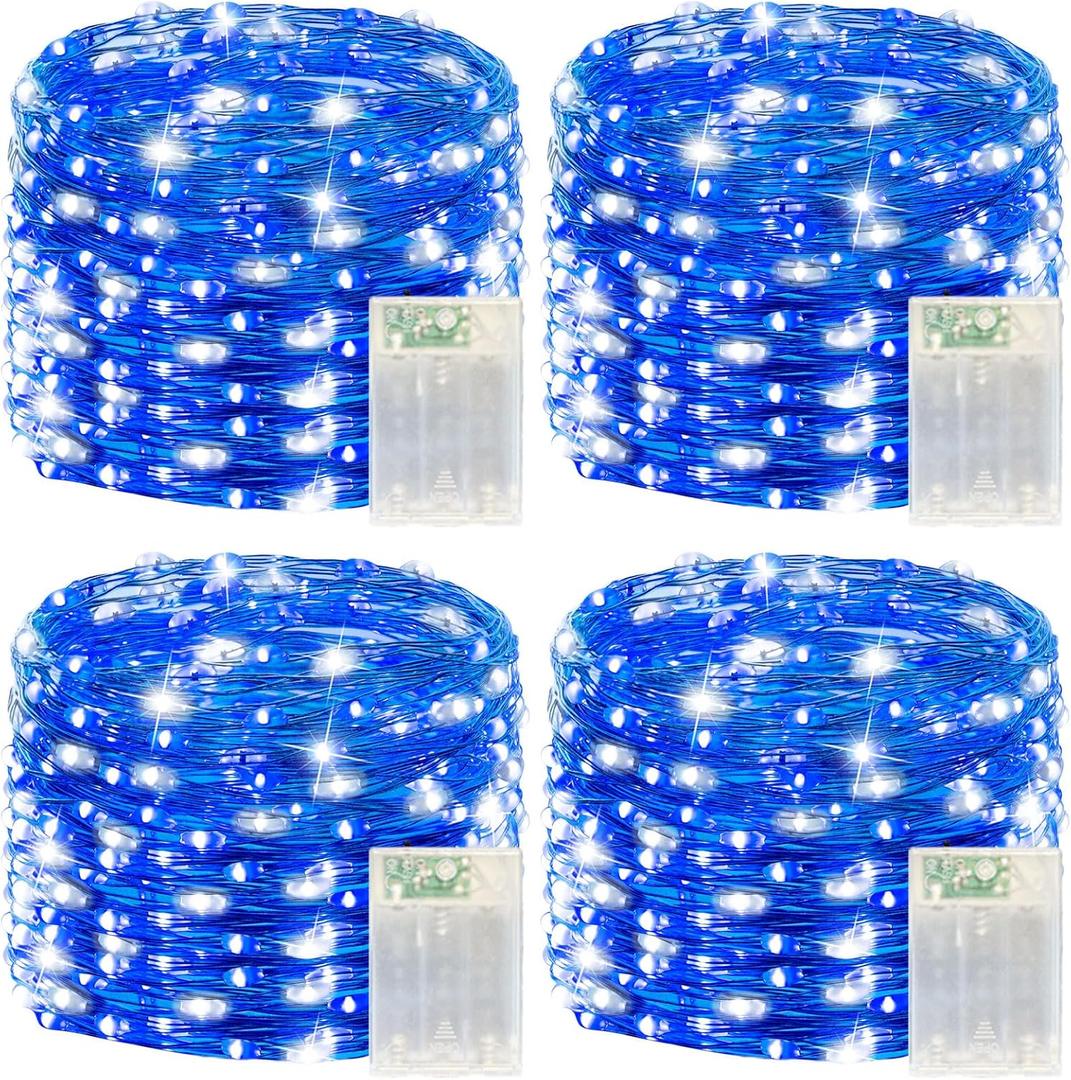 4 Pack 240LED Christmas Fairy Lights Battery Operated - 20FT Twinkle Lights with 2 Lighting Modes Indoor, Waterproof Led Fairy String Lights for Bedroom, Classroom, Dorm, DIY Decor, Blue & White