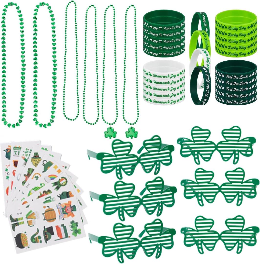 St. Patricks Day Party Favors Set Shamrock Glasses Necklaces Bracelets Tattoos St. Patrick's Day Accessories (St. Patrick's)